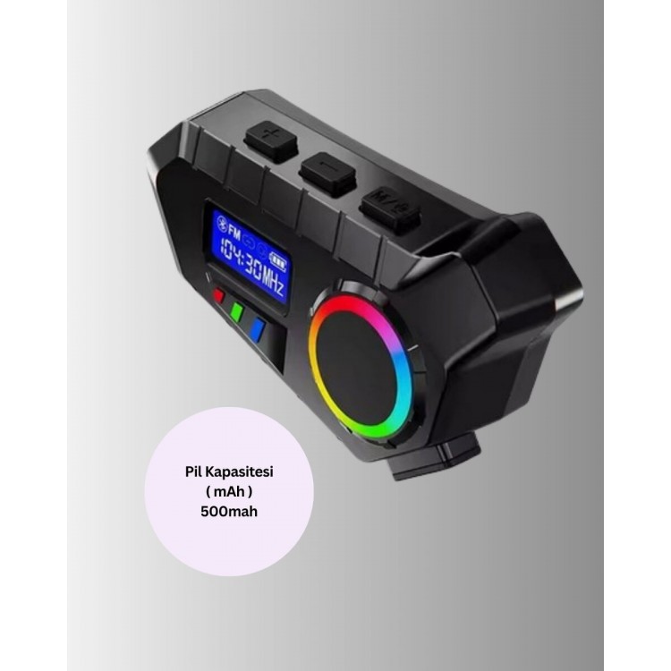 500mAh Bataryalı Bluetooth 5.4  İnterkom LED Ekranlı FM Destekli