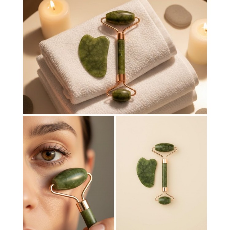 Yeşim Taşı Yüz Bakım Seti Çift Başlıklı Roller ve Gua Sha