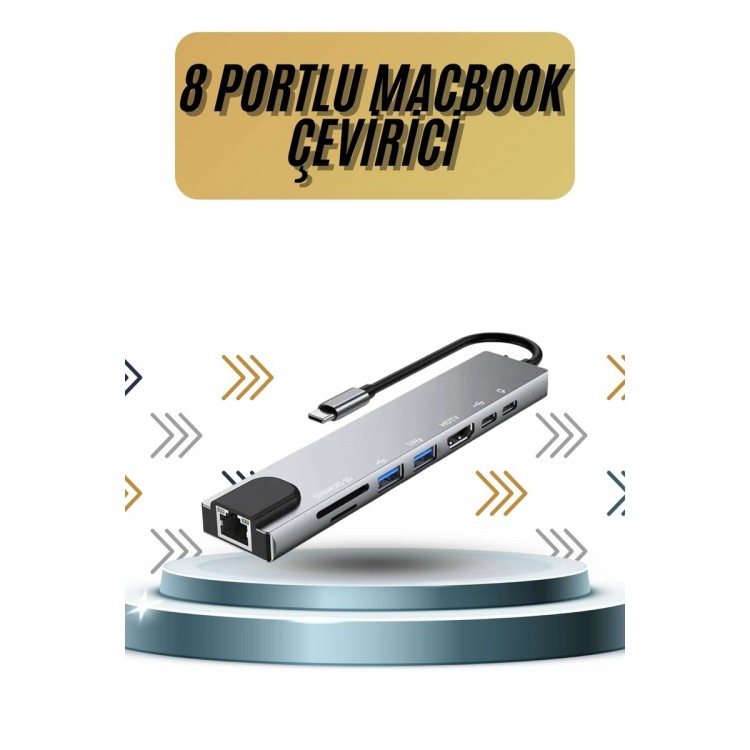 8 Portlu Macbook Çevirici Type C Hub  SD TF USB Çoğaltıcı Ethernet