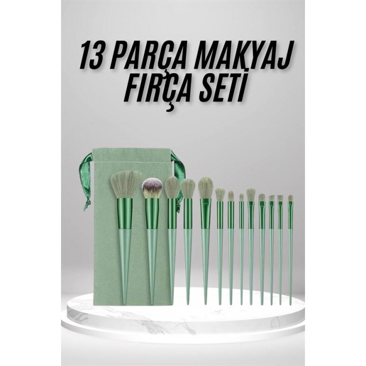 Makyaj Fırça Seti Yeşil 13 Parça Fondöten Fırçası Allık Fırçası Far Fırçası