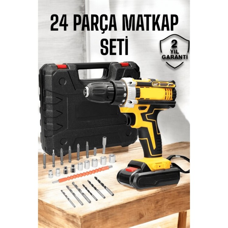 Çift Bataryalı Metal Dişli Darbeli Şarjlı Matkap Seti 24W Güç ve 24 Parça Aksesuar