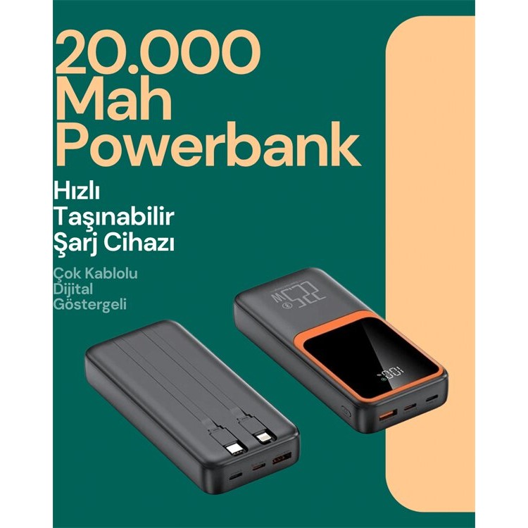 Taşınabilir Şarj Cihazı 20000 mAh | 22.5W Hızlı Şarj + Dijital Ekran + Kablo Dahil