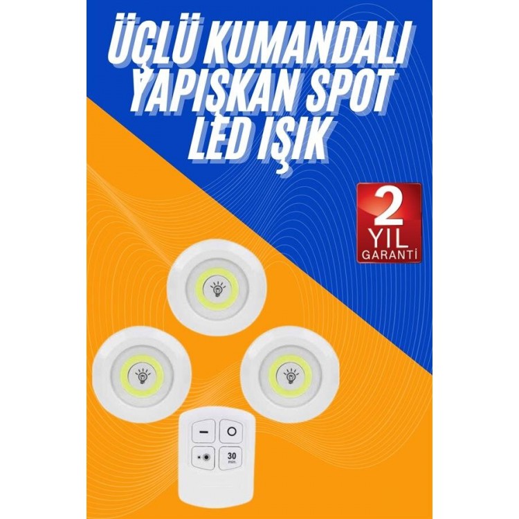 Dolap Işığı Mutfak Rafı Işığı Uzaktan Kumandalı 3 Lü Spot Led Lamba