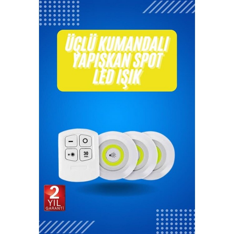 Yapışkanlı 3'lü Spot Led Işık Lamba Montajsız Pilli Uzaktan Kumandalı