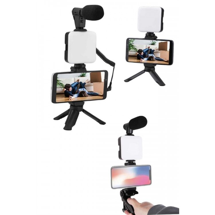 Akıllı Telefon Vlog Kiti Tripod Mini Mikrofonlu Telefon Tutucu