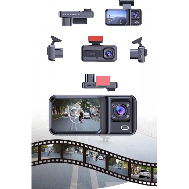 1080P 3 Lensli WİFİ Araç İçi Kameralı Ekran DVR Kaydedici Gece Görüşlü