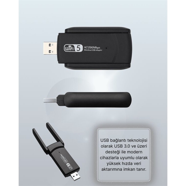 Yüksek Hızlı 1200 Mbps Çift Bant USB WiFi Adaptör – Güçlü Sinyal Geniş Uyumluluk