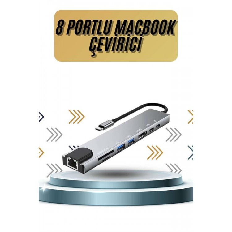 8 Portlu Macbook Çevirici Type C Hub  SD TF USB Çoğaltıcı Ethernet