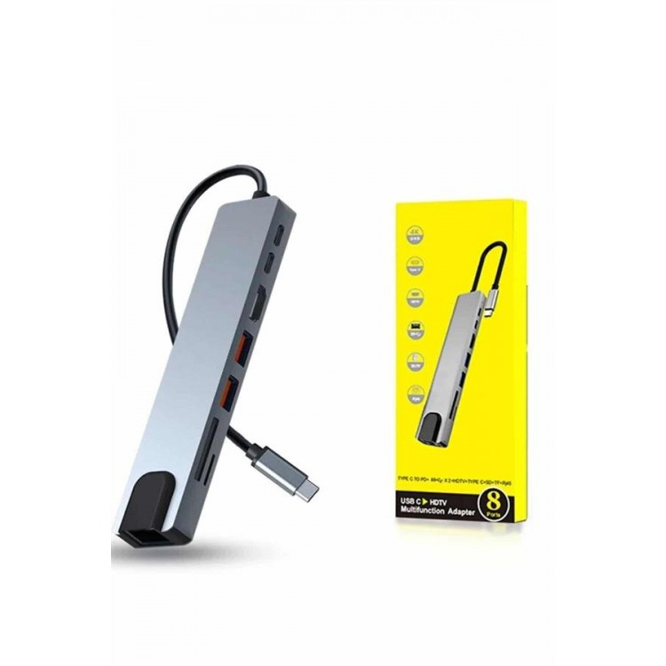 8 Portlu Macbook Çevirici Type C Hub  SD TF USB Çoğaltıcı Ethernet