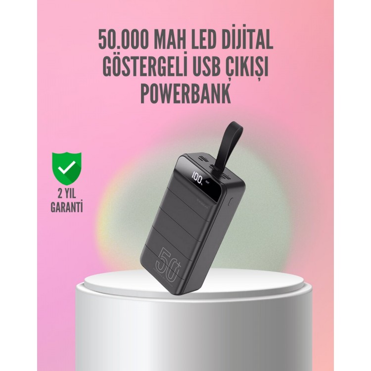50.000 mAh Ultra Güçlü Powerbank 4 USB Çıkışlı LED Dijital Göstergeli Hızlı Şarj Destekli Taşınabilir Şarj Cihazı