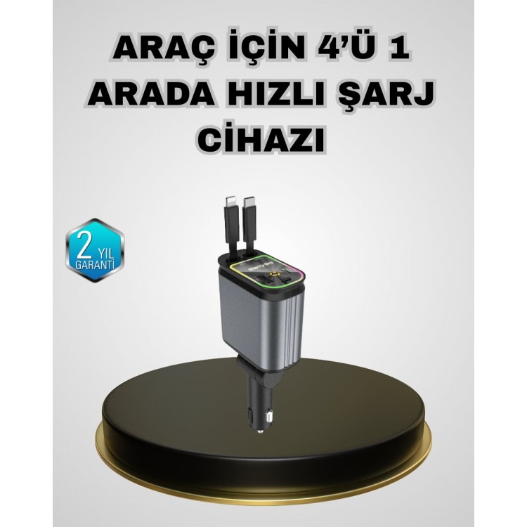 Araç Şarj Adaptörü 66W PD QC Hızlı Şarjlı ve Çekilebilir Kablolu
