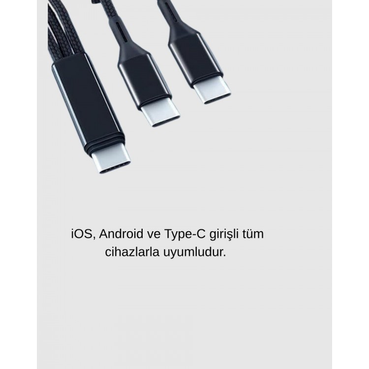 3’ü 1 Arada Hızlı Şarj Kablosu iOS Android Type-C Uyumlu ve Dayanıklı
