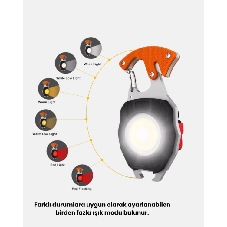 Mini LED Anahtarlık Fener – Şişe Açacağı Tornavida Düdük ve USB Şarj Özellikli