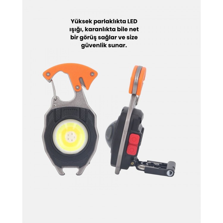Mini LED Anahtarlık Fener – Şişe Açacağı Tornavida Düdük ve USB Şarj Özellikli