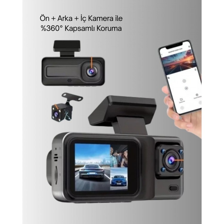 360° Kapsama Sahip Full HD Araç Kamerası 3’lü Kayıt Gece Görüşlü DashCam