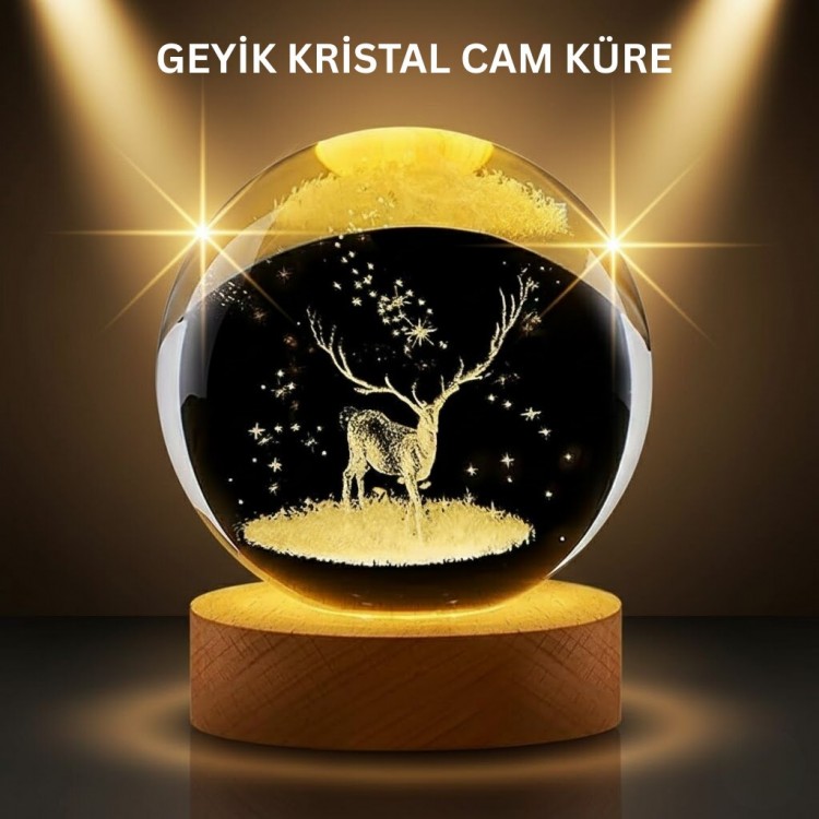 LED Işıklı Geyikli Kristal Küre Ahşap Standlı Modern Dekor Lamba