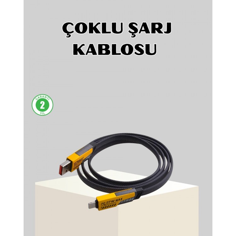 65W Çoklu Şarj Kablosu 4’ü 1 Arada Örgülü Hızlı Veri Aktarım USB-C USB-A