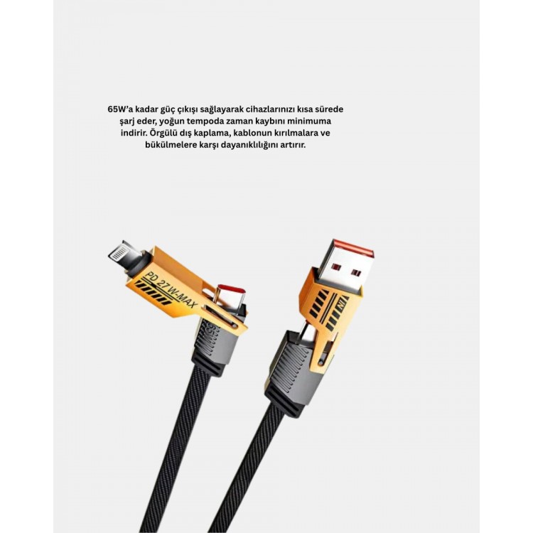 65W 4’ü 1 Arada Örgülü Hızlı Şarj Kablosu USB-C USB-A Çoklu Şarj Dayanıklı