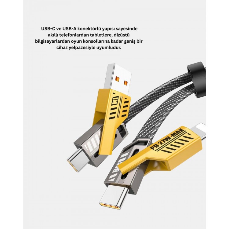 65W 4’ü 1 Arada Örgülü Hızlı Şarj Kablosu USB-C USB-A Çoklu Şarj Dayanıklı