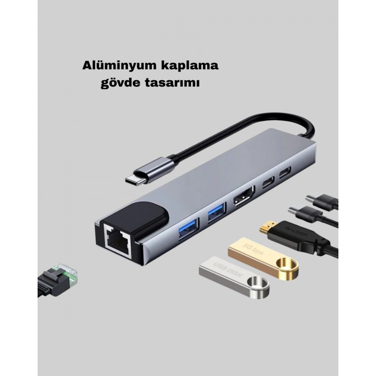 Alüminyum Kasalı MacBook USB-C Hub – 4K HDMI USB 3.0 SD/TF Kart Girişi PD Şarj Desteği