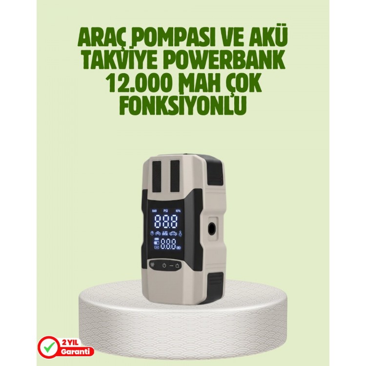 Araç Akü Takviye Cihazı ve Lastik Şişirme Pompası 12.000 mAh
