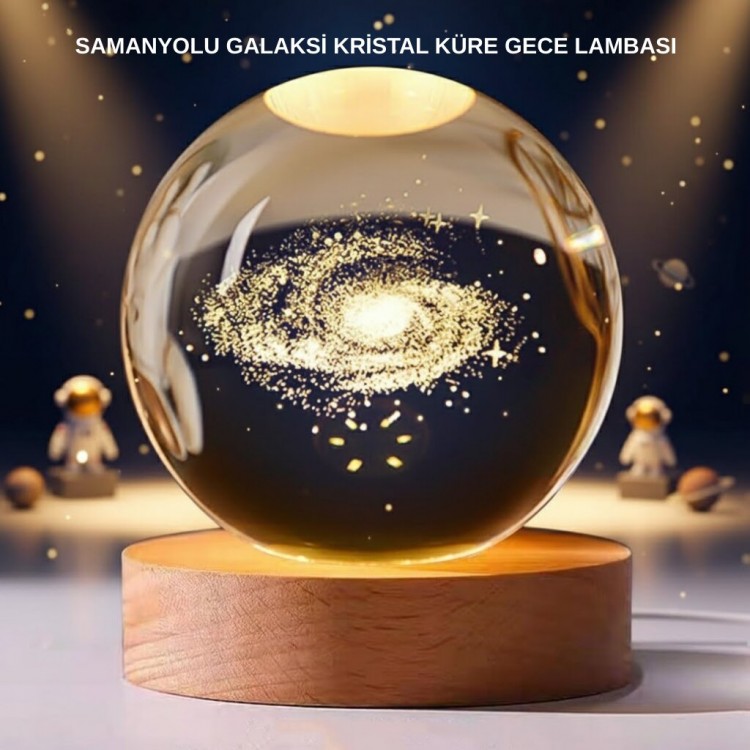 Samanyolu Desenli Kristal Küre Ahşap Standlı Gün Işığı LED Masa Lambası