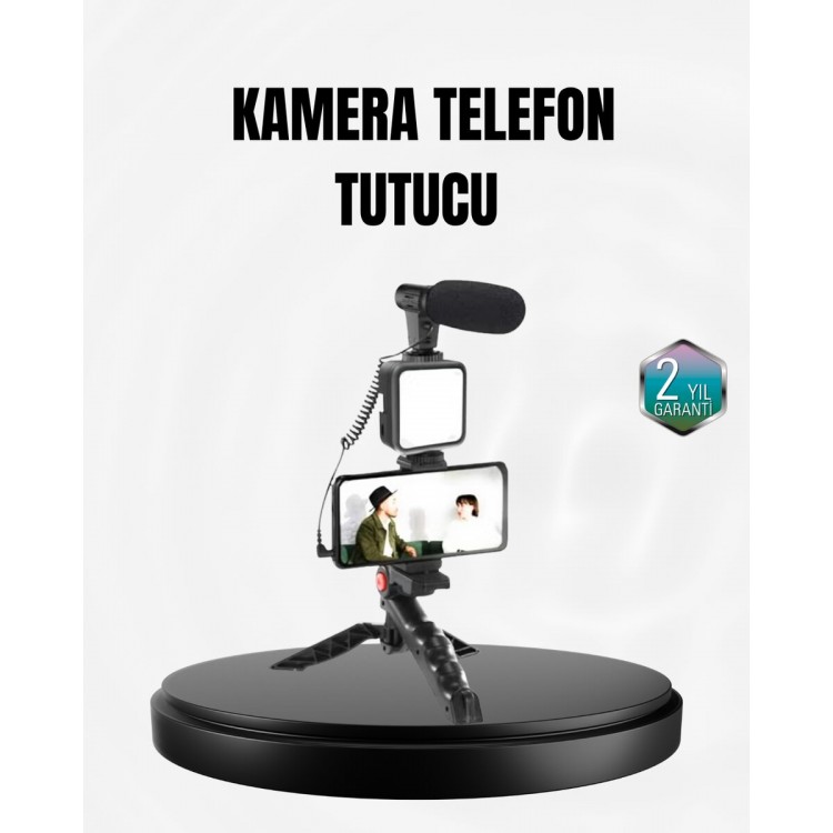Profesyonel Vlog Çekim Kiti LED Işıklı Tripod Mikrofonlu Telefon Seti