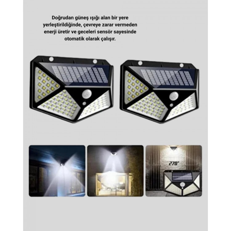 100 LED Solar Lamba Hareket Algılamalı Bahçe Duvar Dış Mekan Aydınlatma