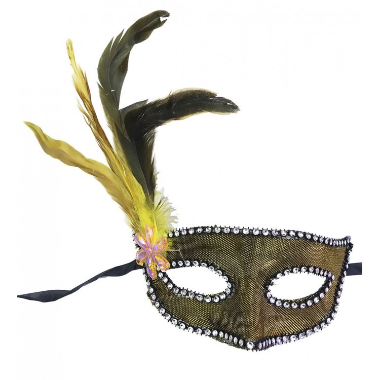 Gold Color Fabric Covered New Year Party Mask with Feathers on the Side