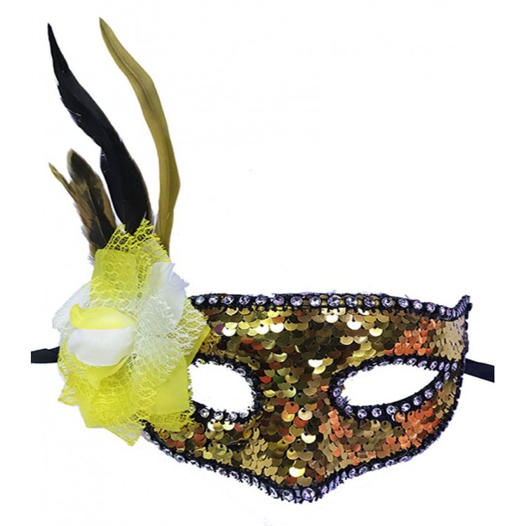 Gold Color Side Feathered Sequin New Year's Party Mask