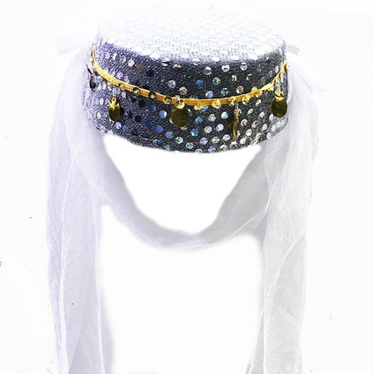 Gold Sequin Embroidered Henna Fez with White Veil Henna Hat Oriental Hat