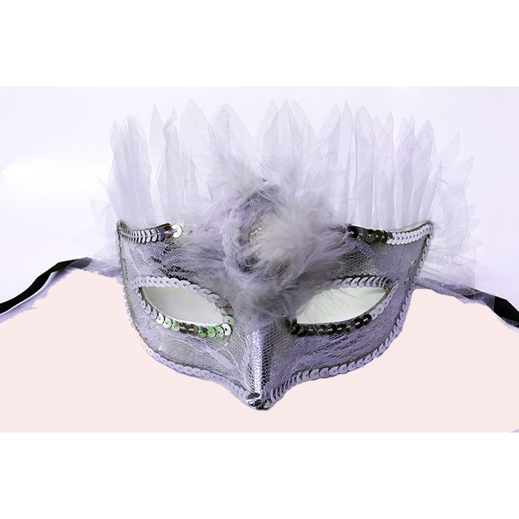 White Color White Tulle Sequin Embroidered New Year Party Mask