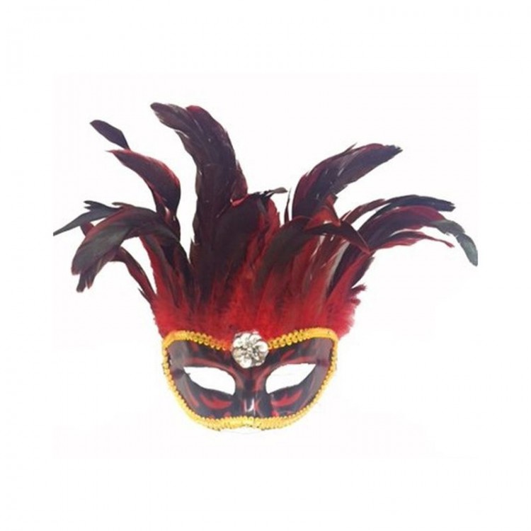Red Color Venetian Mask with Extra Abundant Bird Feathers 30x19 cm