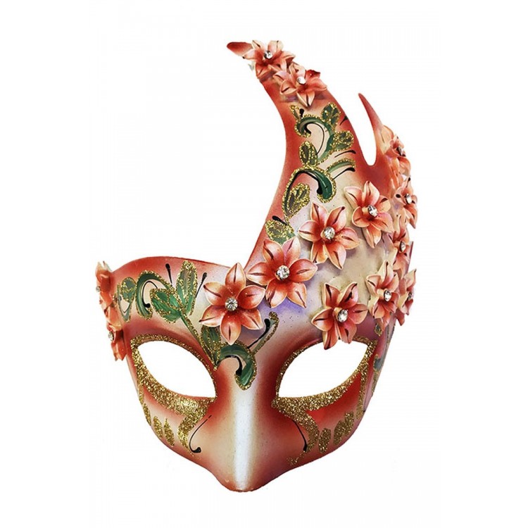Original Masquerade Harem Mask with Flowers Hand Embroidered Red Color