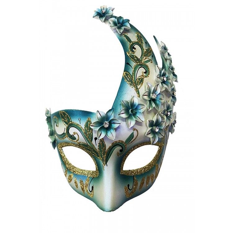 Original Masquerade Harem Mask with Flowers Hand Embroidered Blue Color