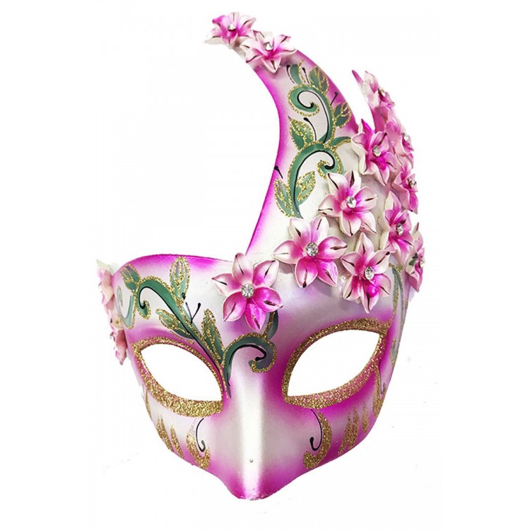 Original Masquerade Harem Mask with Flowers Hand Embroidered Pink Color