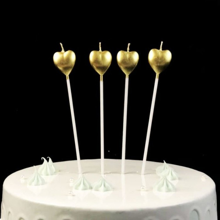 Metalized Heart Candle with Stick Birthday Candle Gold 4 Pieces