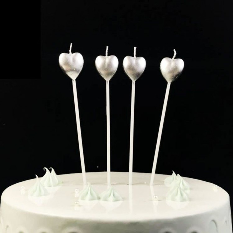 Metalized Heart Candle with Stick Birthday Candle Silver
