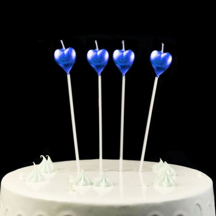 Metalized Heart Candle with Stick Birthday Candle Blue 4 Pieces