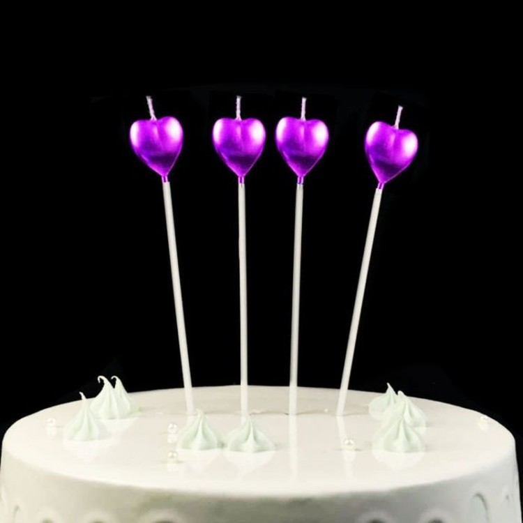 Metalized Heart Candle with Stick Birthday Candle Purple 4 Pieces