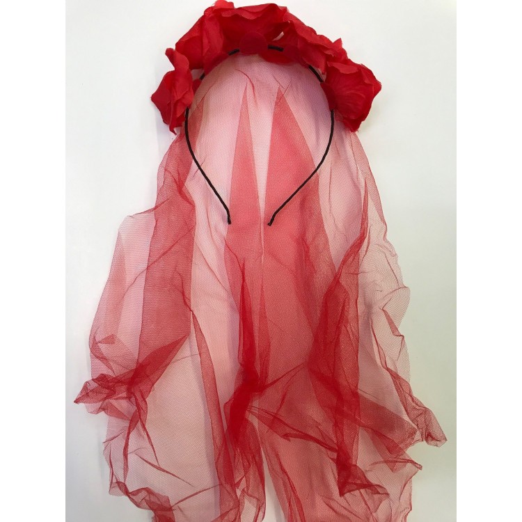 Party Crown with Long Veil and Red Flowers