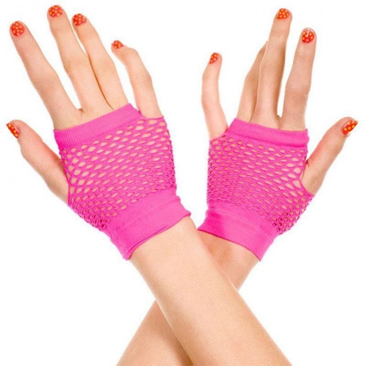 Fuchsia Color Short Length Mesh Knitted Gloves