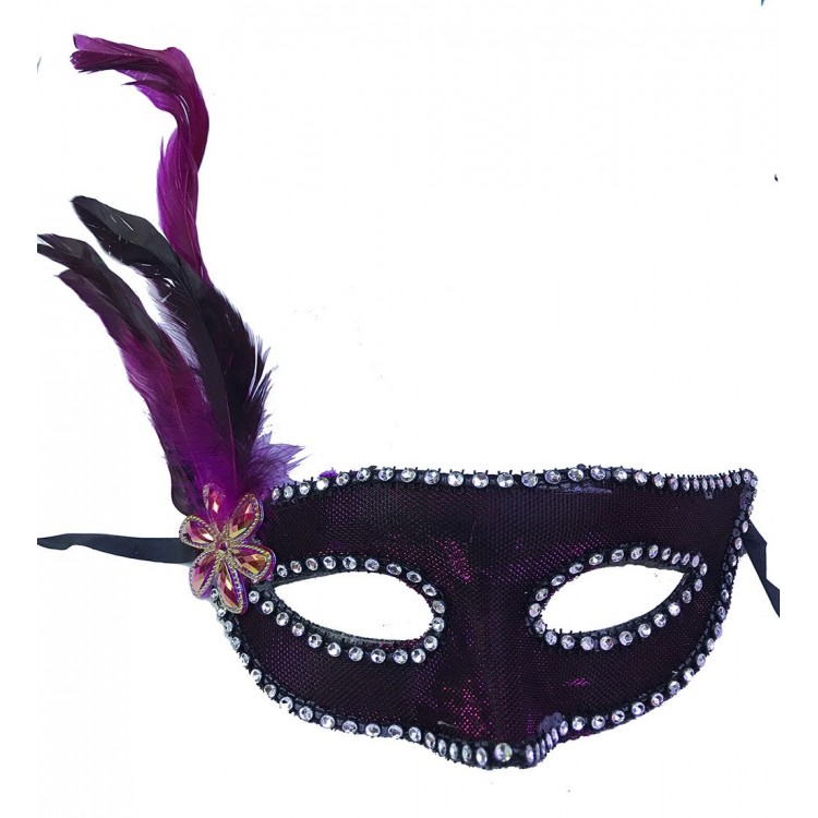 Fuchsia Color Fabric Covered New Year Party Mask with Feathers on the Side