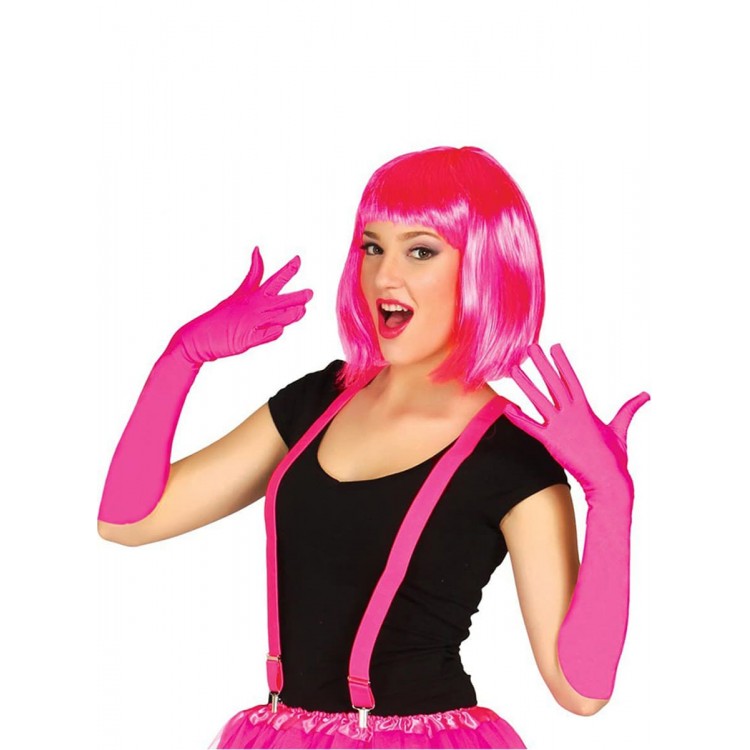 Fuchsia Color Satin Long Gloves and Blunt Party Wig