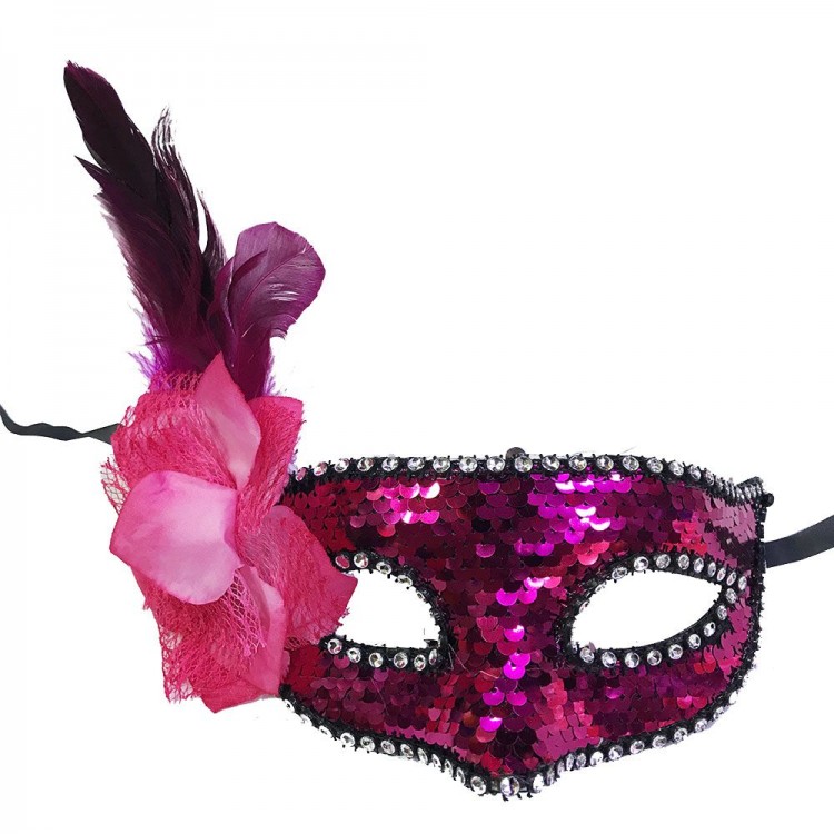 Fuchsia Color Sequin New Year's Eve Party Mask with Feathers on the Side