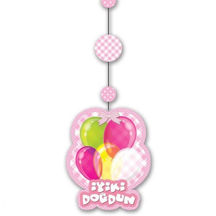 Happy Birthday Written Hanging Rope Ornament Pink ColorSet of 3 12x45 cm