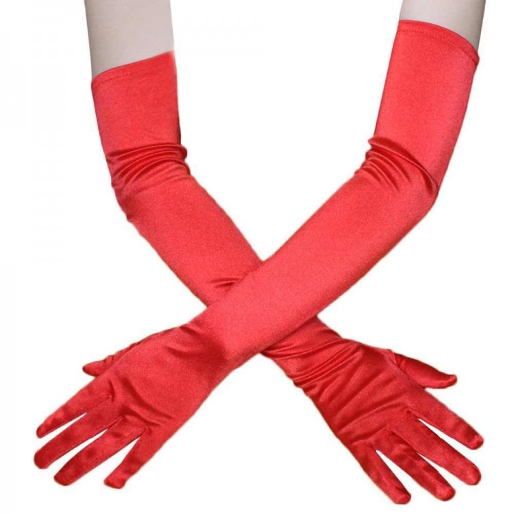Red Color Extra Luxury Shiny Long Length Satin Gloves