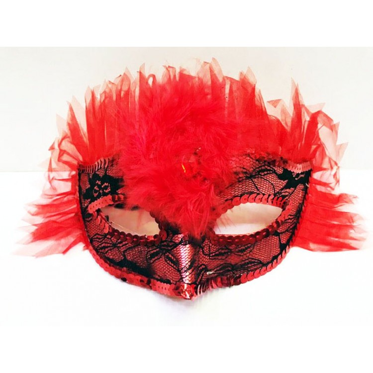 Red Color Red Tulle Sequin Embroidered New Year's Party Mask