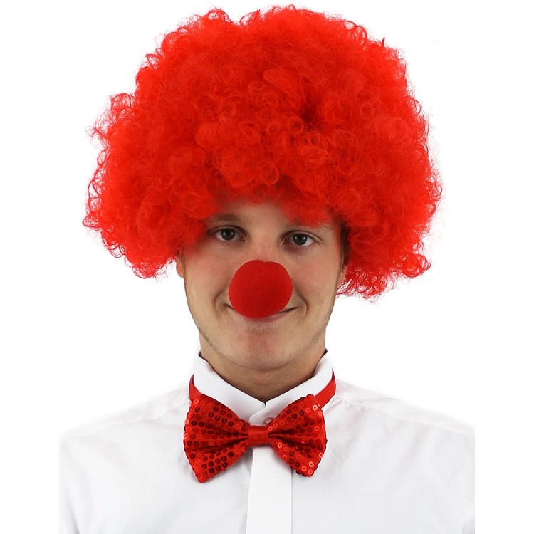 Red Color Curly Afro Bonus Wig Hair Extensions and Red Nose Set