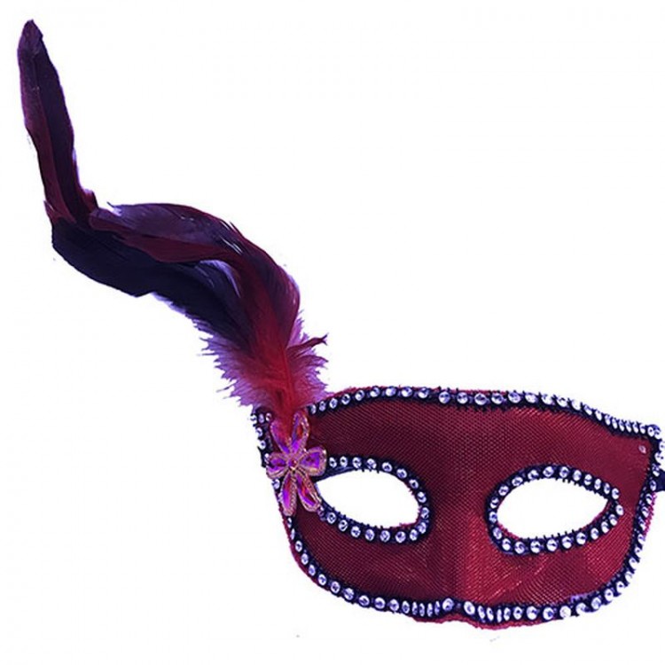 Red Color Fabric Covered New Year Party Mask with Feathers on the Side